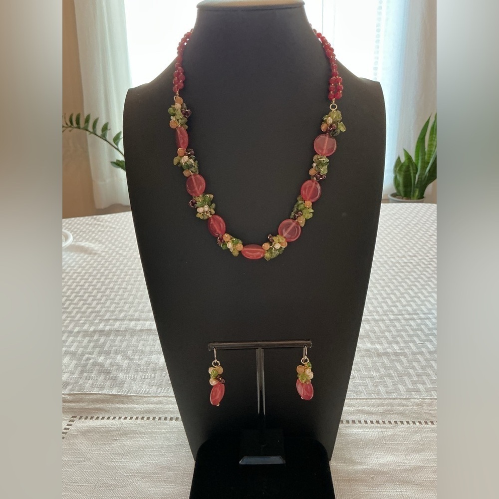 Pink Chalcedony Silver Tone Necklace